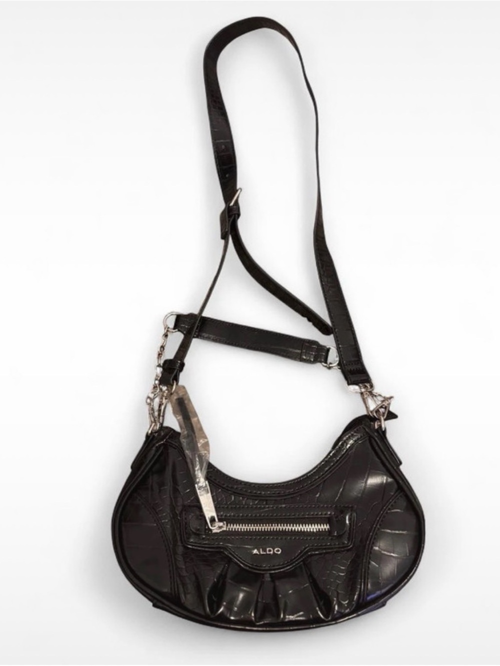 ALDO Black Croc-Embossed Crescent Crossbody with Silver Hardware